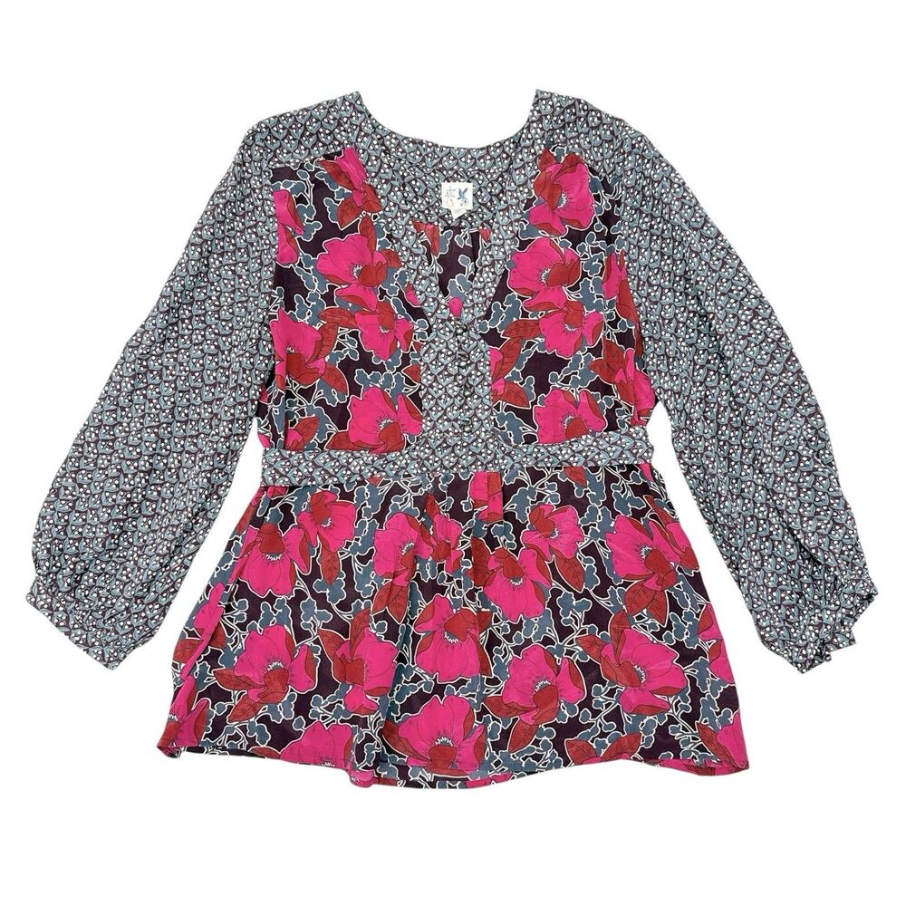 Edme & Esyllte Blouse‎ Size 6 Pink Floral 100% Silk Top Anthropologie Babydoll